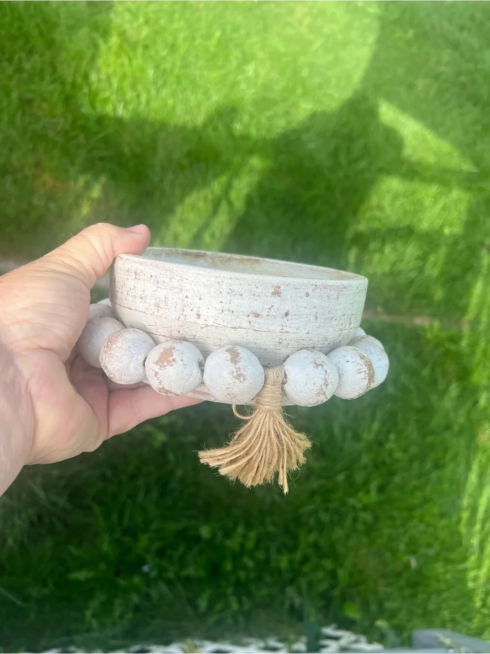 white distressed ceramic Beadzie™ clay bowl vessel wrapped with farmhouse-style